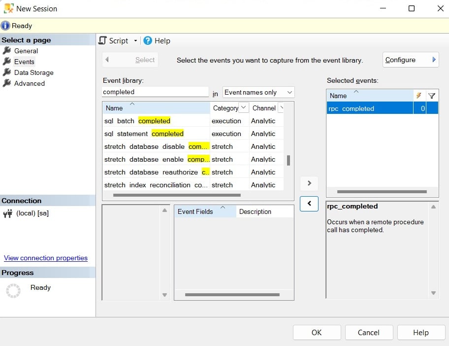 Figure 2.3 – The Events page of the New Session dialog
