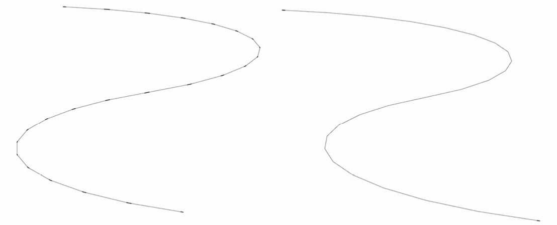 Figure 1.4 – With endpoints visible, you can see the difference between the segments on the left and the single-piece curve on the right
