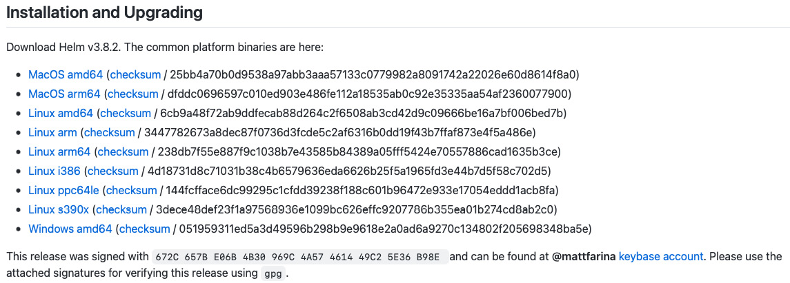 Figure 12.1 – The Installation and Upgrading section of Helm’s GitHub releases page