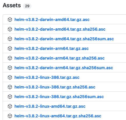 Figure 12.2 – The Assets section of Helm’s GitHub releases page