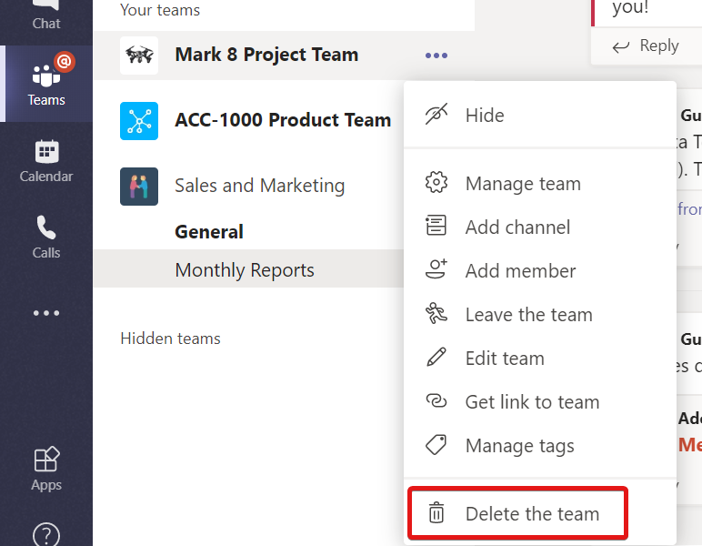 Figure 8.27: Deleting a Team