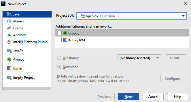 Figure 2.5 – Creating a new project in IntelliJ IDEA