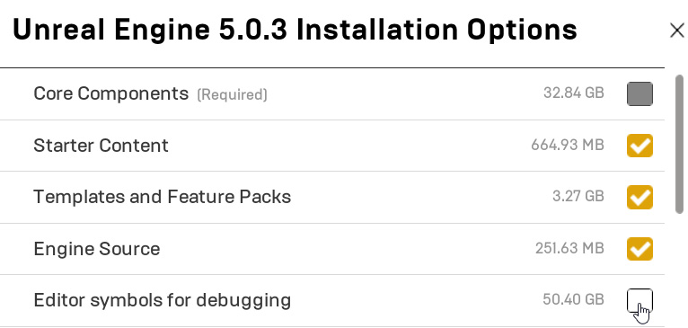 Figure 1.3 – Installation options for Unreal Engine 5.0.3