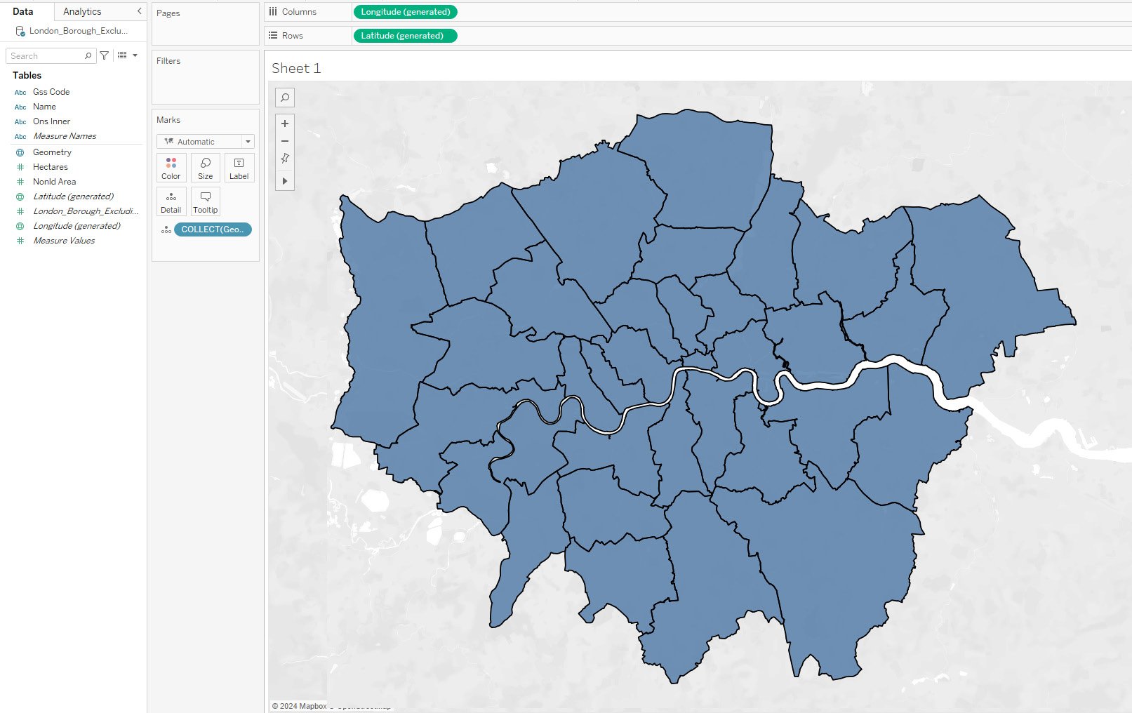 Figure 1.13: Tableau Geometry field showing a map of London boroughs