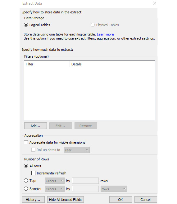 Figure 1.22: Window to add extract filters or incremental refresh