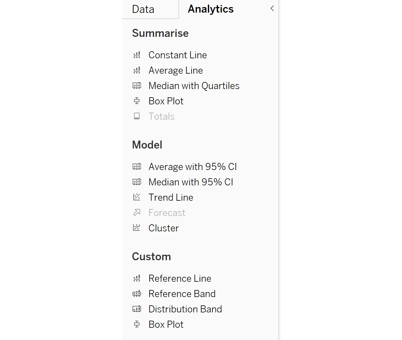 Figure 5.34 – The Analytics pane in Tableau’s user interface