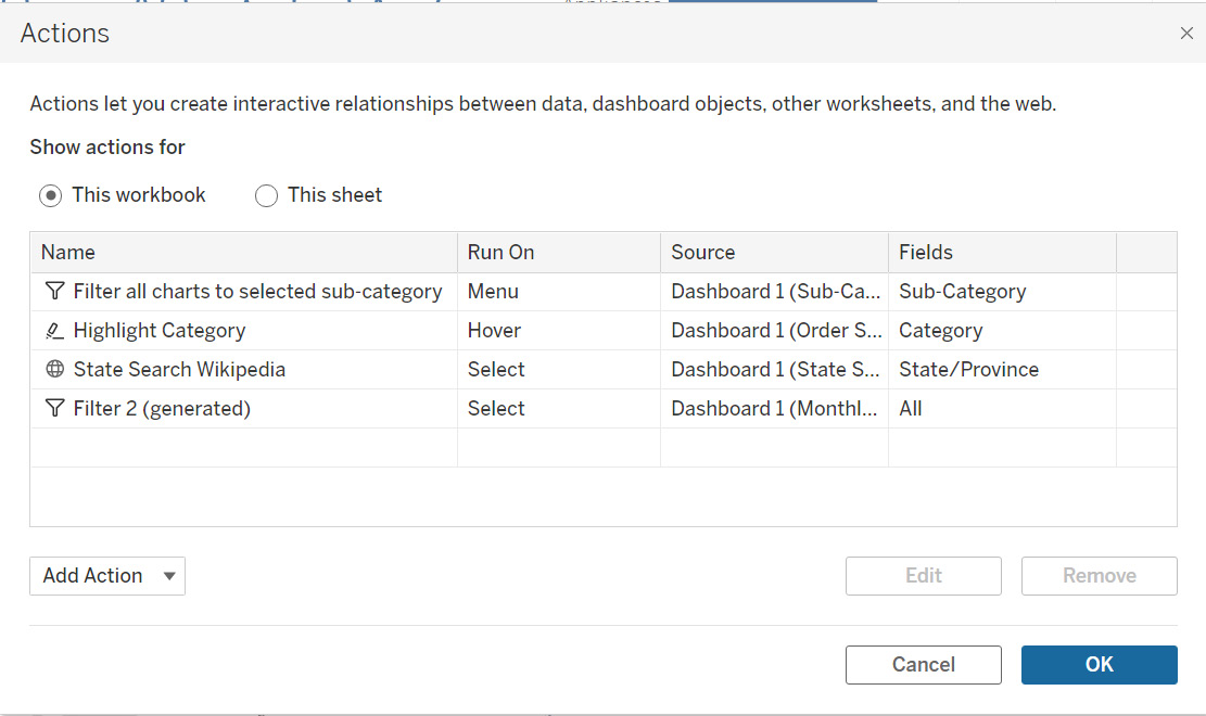 Figure 6.22: The Actions configuration showing all of the actions in the workbook, including two filters, a highlight, and a URL action