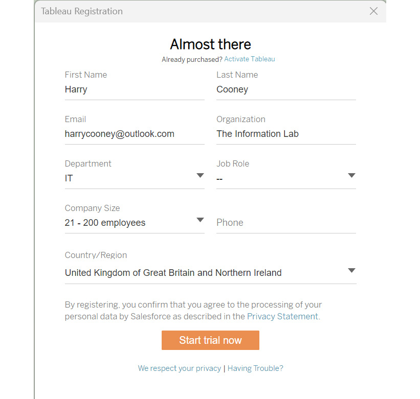 Figure 0.7: Tableau Desktop product activation