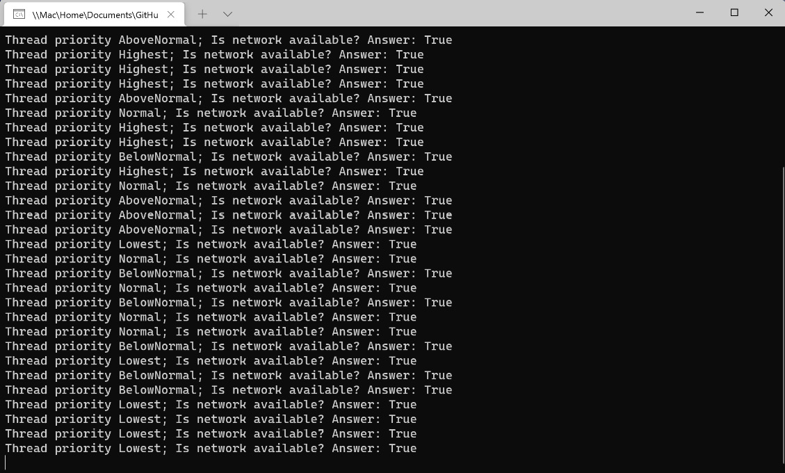 Figure 1.3 – Console output from five different threads
