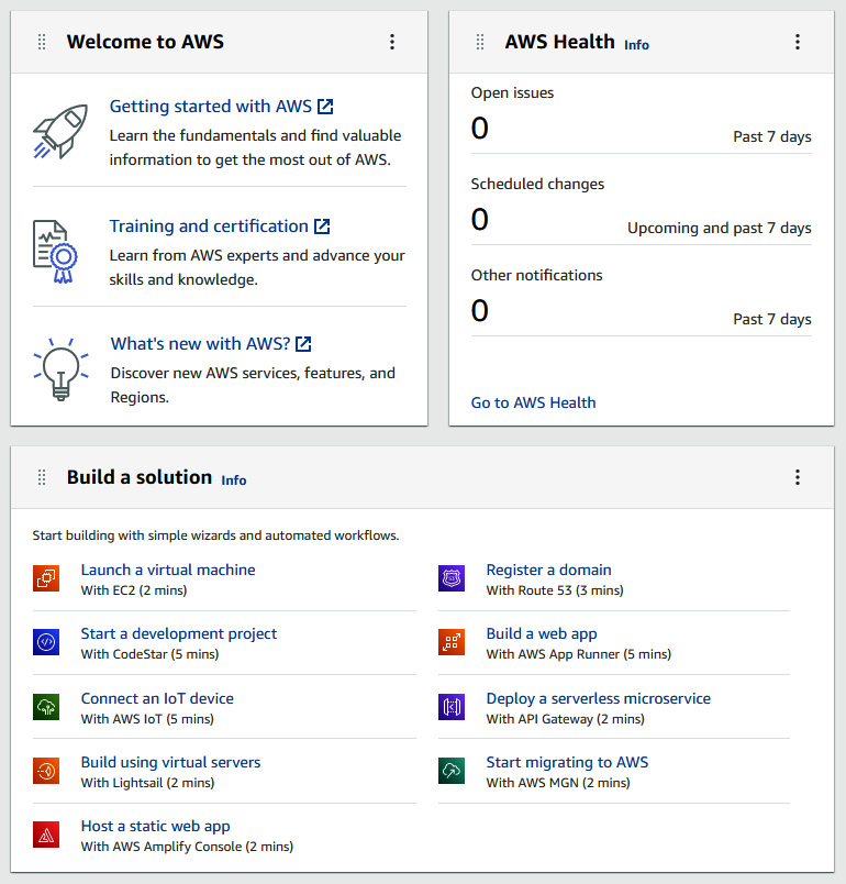 Figure 1.5 – AWS Console Home widgets