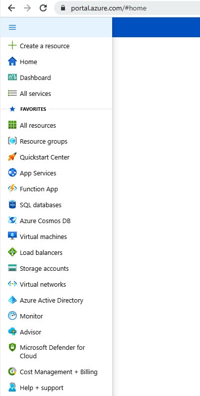 Figure 1.8 – Microsoft Azure portal home page navigation panel