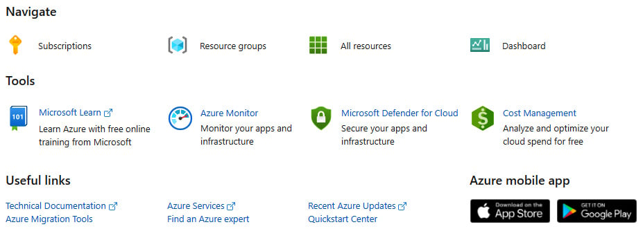 Figure 1.9 – Microsoft Azure portal dashboard Navigate section
