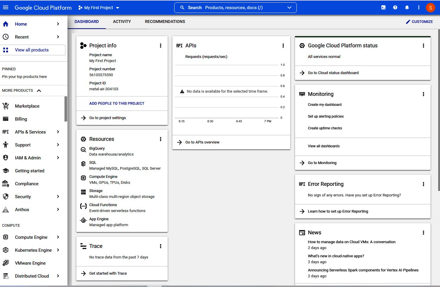 Figure 1.14 – GCP home page dashboard