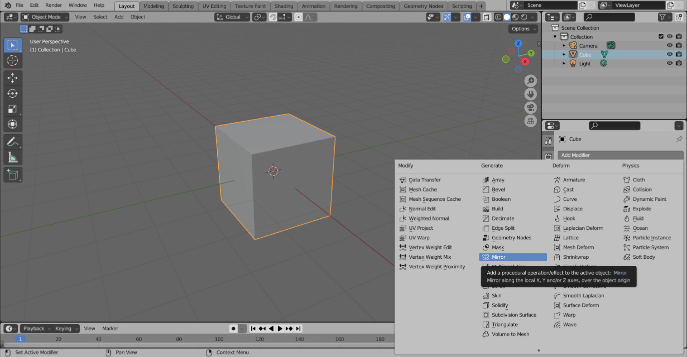 Figure 1.21 – The Mirror modifier in the Add Modifier tab