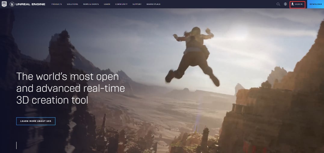 Figure 1.1 – Unreal Engine 5’s official web page with the SIGN IN link in the top-right corner