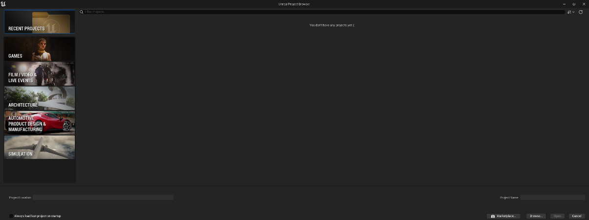 Figure 1.22 – The Unreal Project Browser window will open, showing the RECENT PROJECTS tab