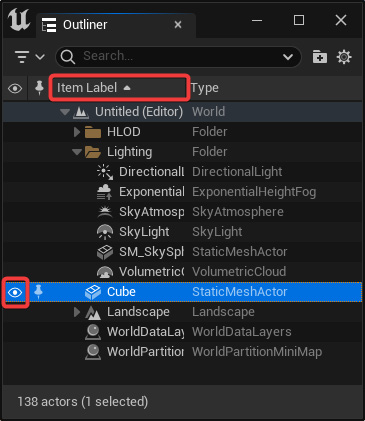 Figure 2.41 – Unreal Engine 5’s Outliner panel