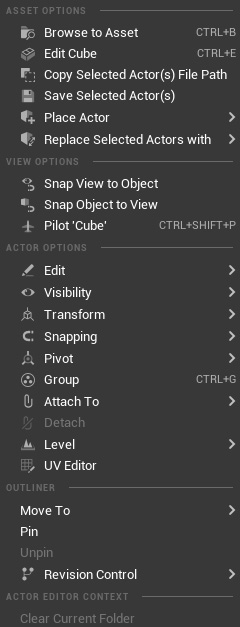 Figure 2.42 – The ACTOR OPTIONS menu inside the Outline panel