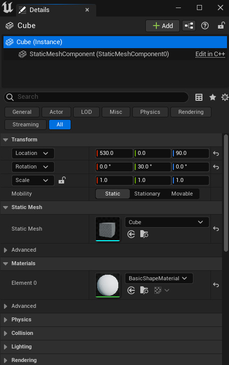 Figure 2.43 – This is the Details panel when you select a Static Mesh actor; in this case, a cube