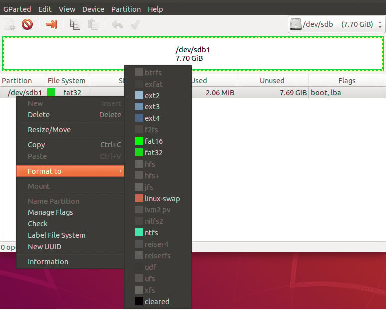 Figure 1.13 – Selecting the desired file format (fat32 in most cases)
