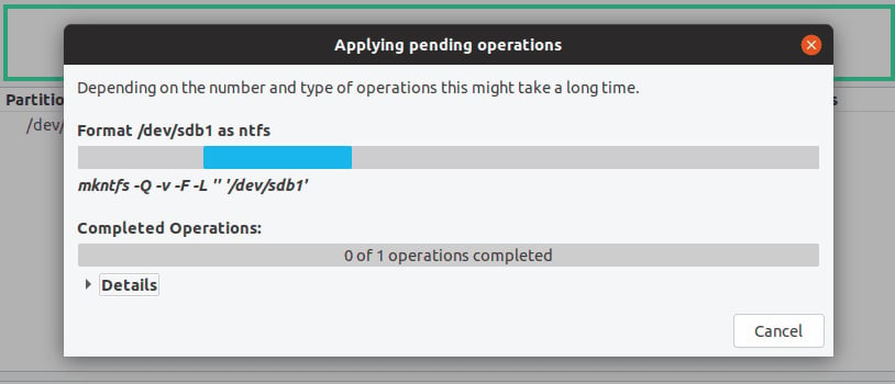 Figure 1.17 – Formatting progress dialog box – GParted
