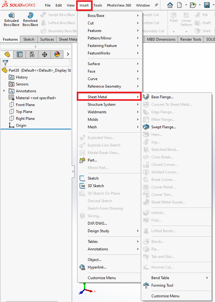 Figure 1.3: The Sheet Metal tools in the Insert menu