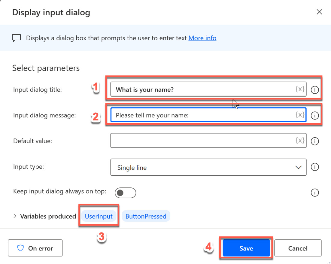 Figure 2.11 – The Display input dialog parameters