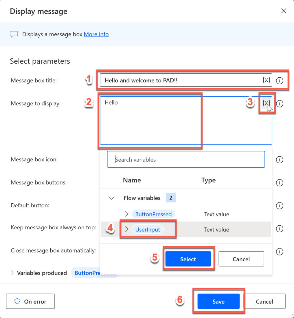 Figure 2.14 – Parameters for the Display message action