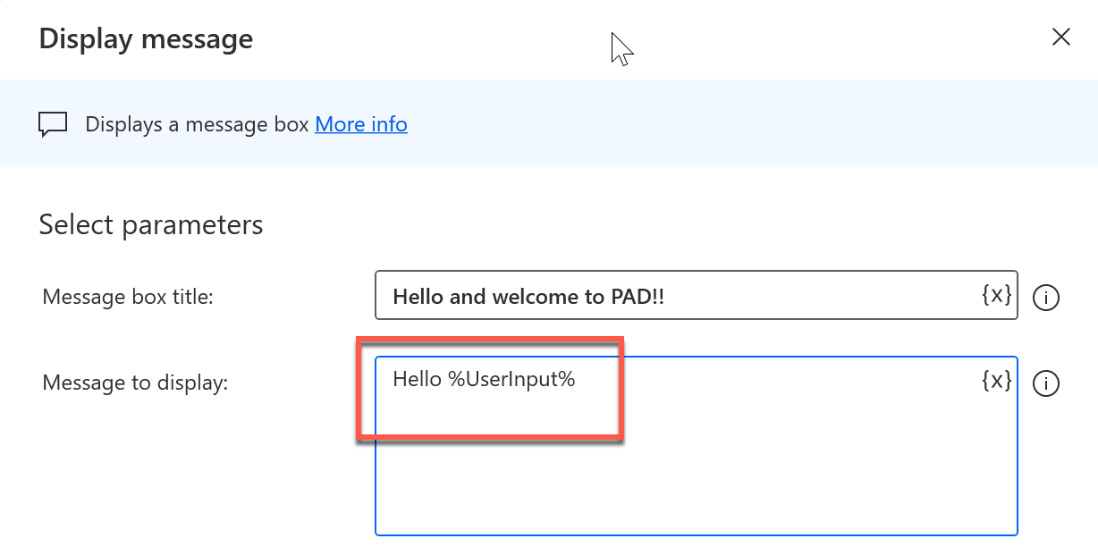 Figure 2.15 – Using a variable in the message