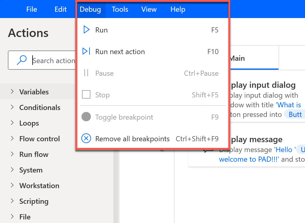 Figure 2.23 – The Debug menu