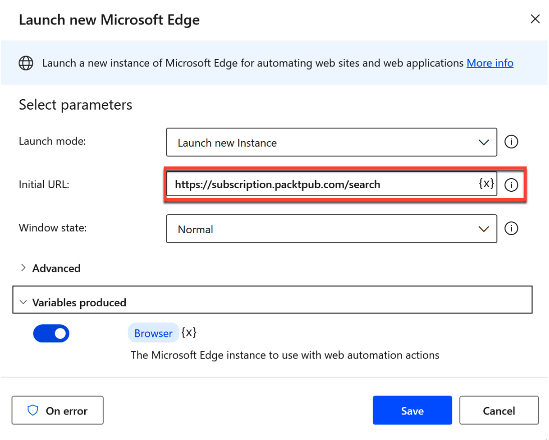 Figure 2.26 – Settings for the ﻿browser launch action