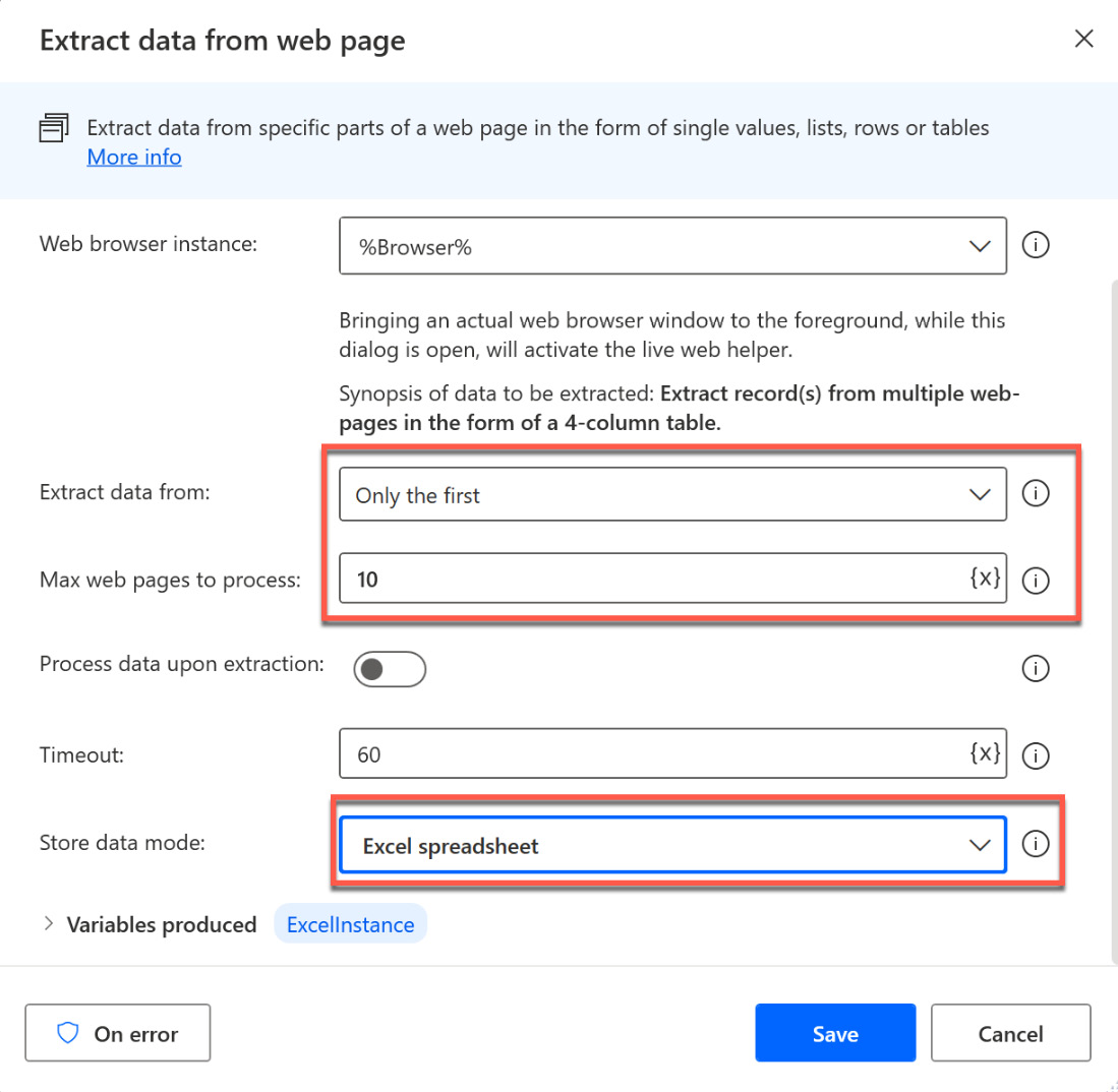 Figure 2.40 – Modifying the web data extraction parameters