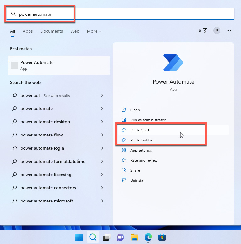 Figure 2.5 – Pinning and launching Power Automate locally