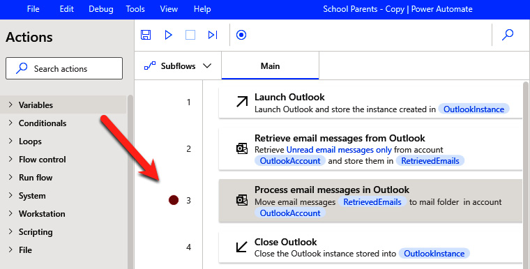 Figure 3.6 – A breakpoint in the workspace