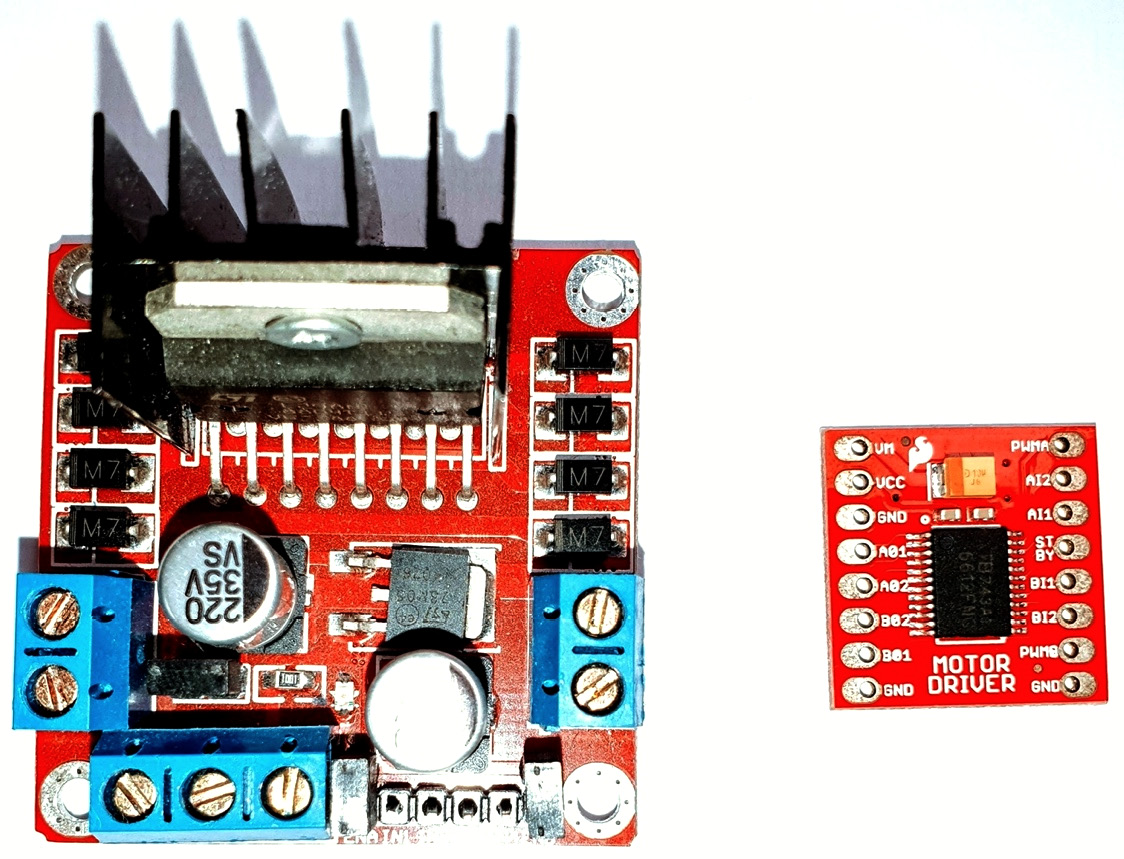 Figure 1.9 – An L298N motor controller next to a TB6612fng
