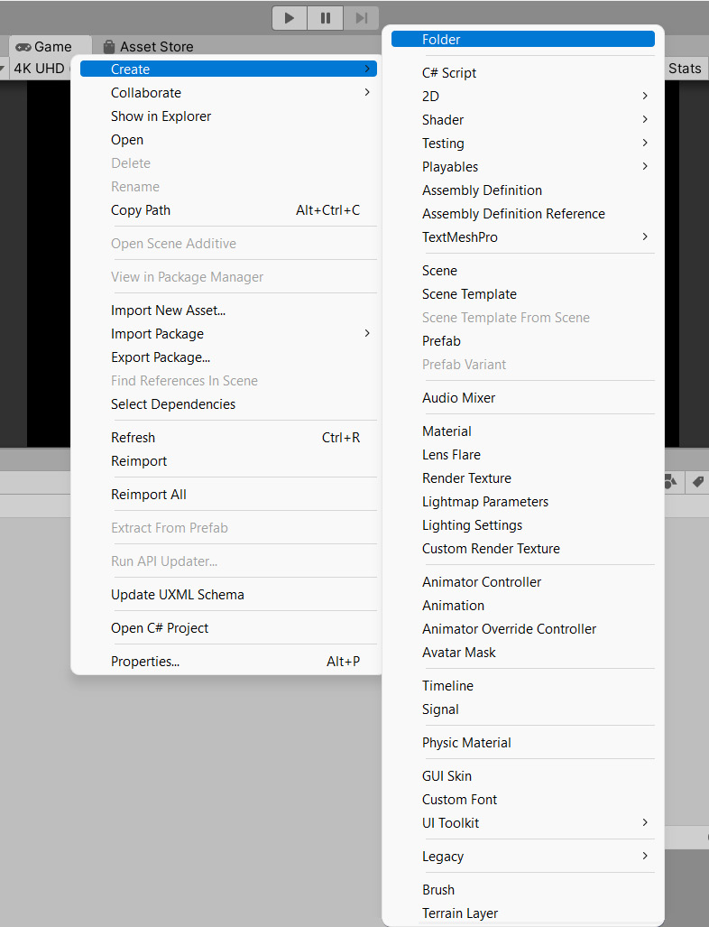 Figure 2.1 – Creating a folder in the Unity editor
