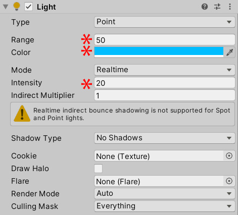 Figure 2.11 – The Light component values in the Inspector window
