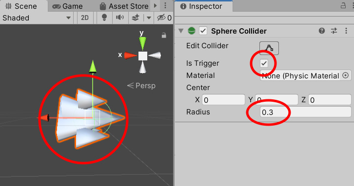 Figure 2.13 – The triggered sphere collider added to the player_ship prefab
