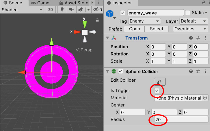 Figure 2.14 – The trigger collider added and scaled to the enemy_wave prefab
