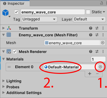 Figure 2.15 – Adding a Default Material to the enemy_wave_core gameobject
