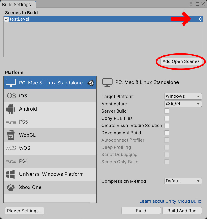 Figure 2.16 – Adding the testLevel scene to the Scenes In Build list
