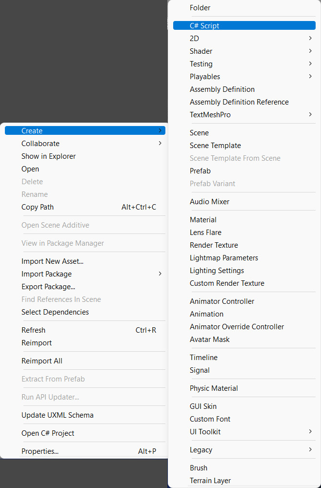 Figure 2.24 – Creating a C# script in the Unity editor
