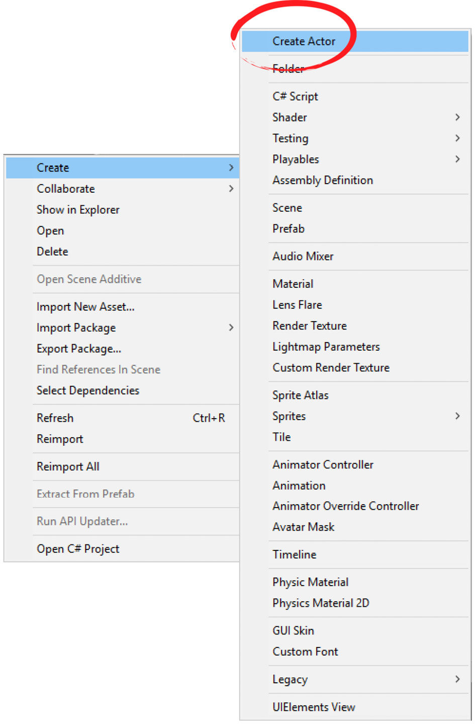 Figure 2.33 – Creating an Actor in the Unity editor
