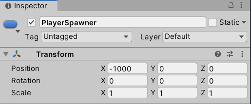 Figure 2.39 – PlayerSpawner Transform values in the Inspector window
