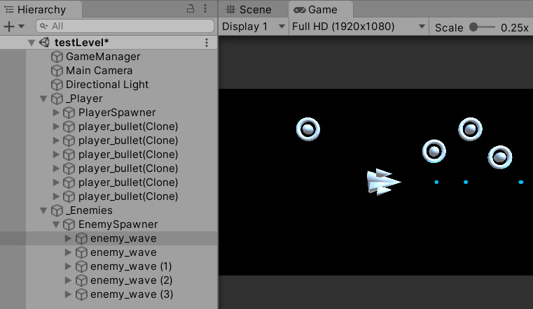 Figure 2.52 – The Game window with the current gameplay and the Hierarchy game object structured
