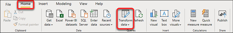 Figure 3.9 – Opening Power Query Editor from the ribbon in Power BI 