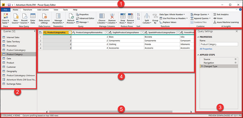 Figure 3.11 – Sections of Power Query Editor 