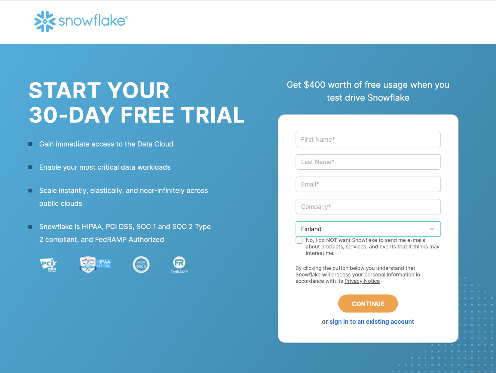 Figure 1.3: Snowflake free trial registration form