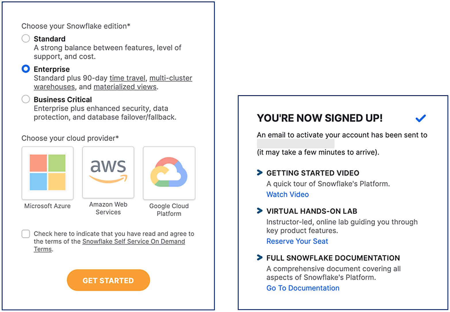 Figure 1.4: Left: Snowflake edition and cloud provider selection form. Right: sign-up confirmation