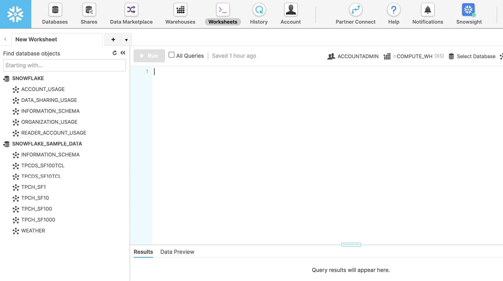 Figure 1.6: The user interface of Snowflake worksheets